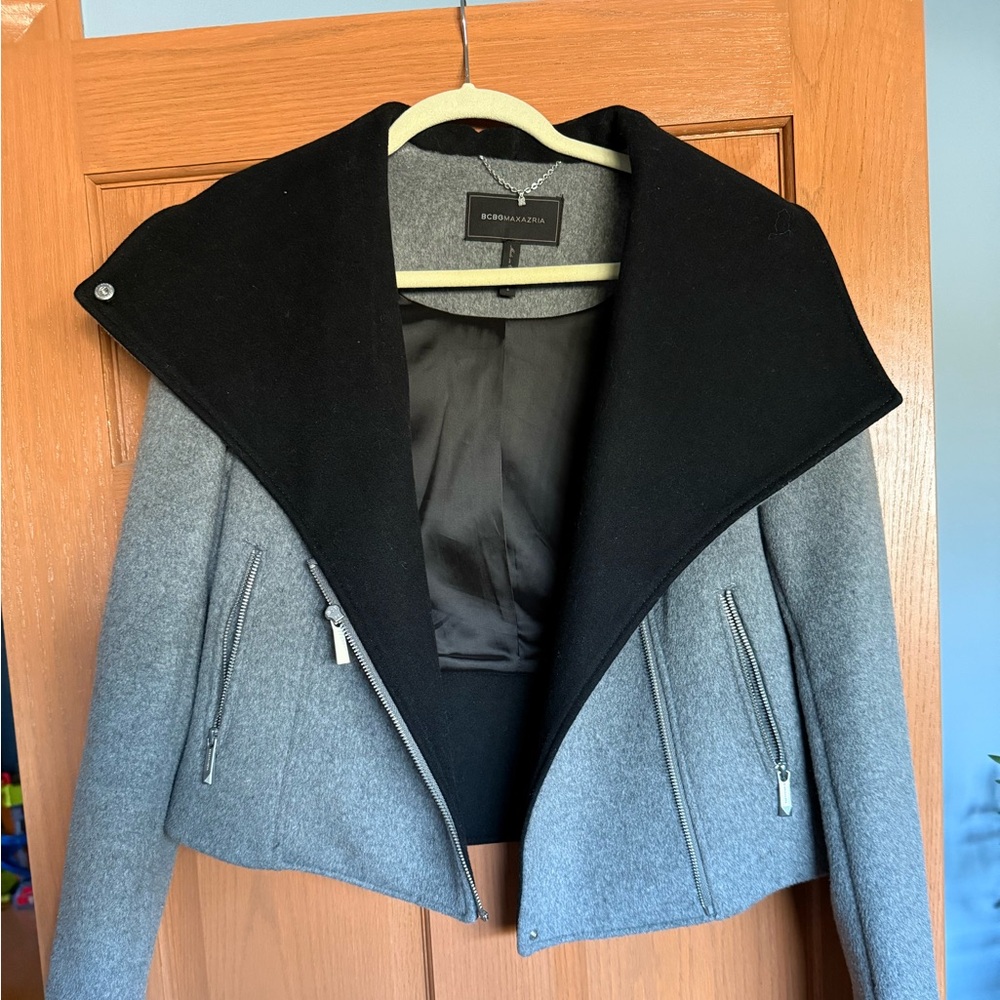 BCBGMAXAZRIA Wool Moto Jacket – Gray & Black Asymmetrical Zip, Size S